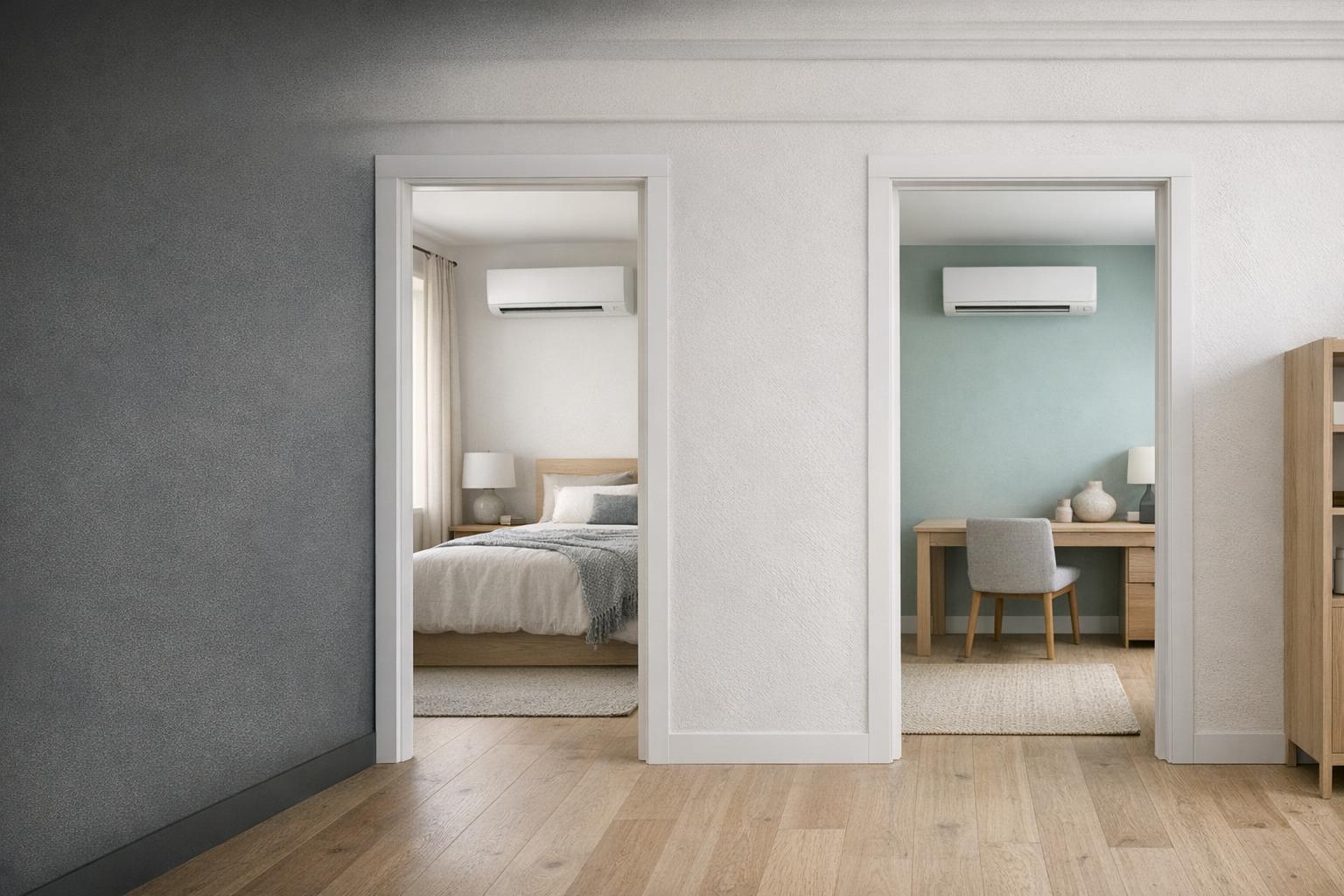 Unbranded ductless mini split in a residential interior AI-generated editorial illustration.